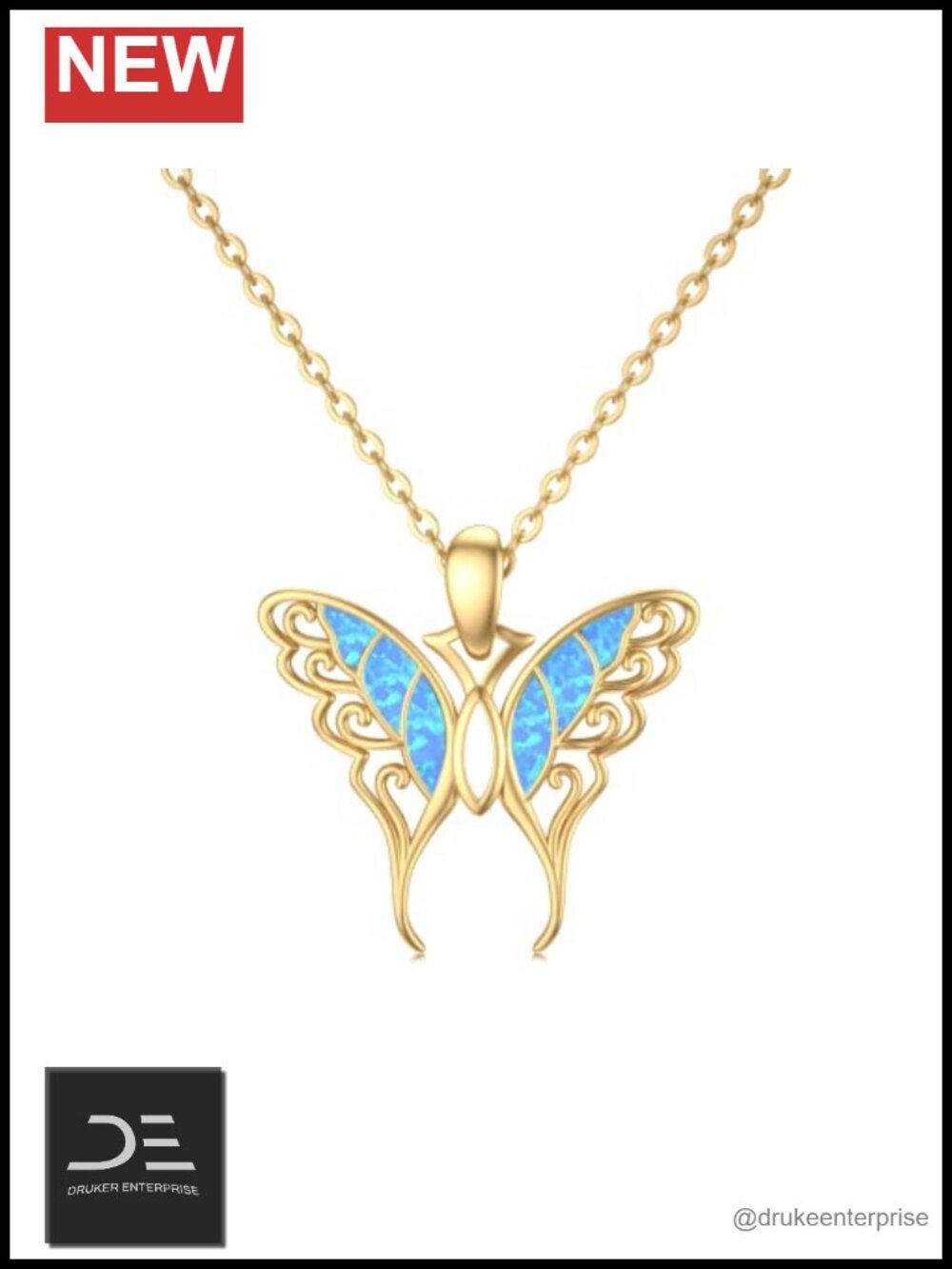 14k Real Gold Butterfly Necklace Blue Opal Pendant Dainty Filigree Fine Jewelry
